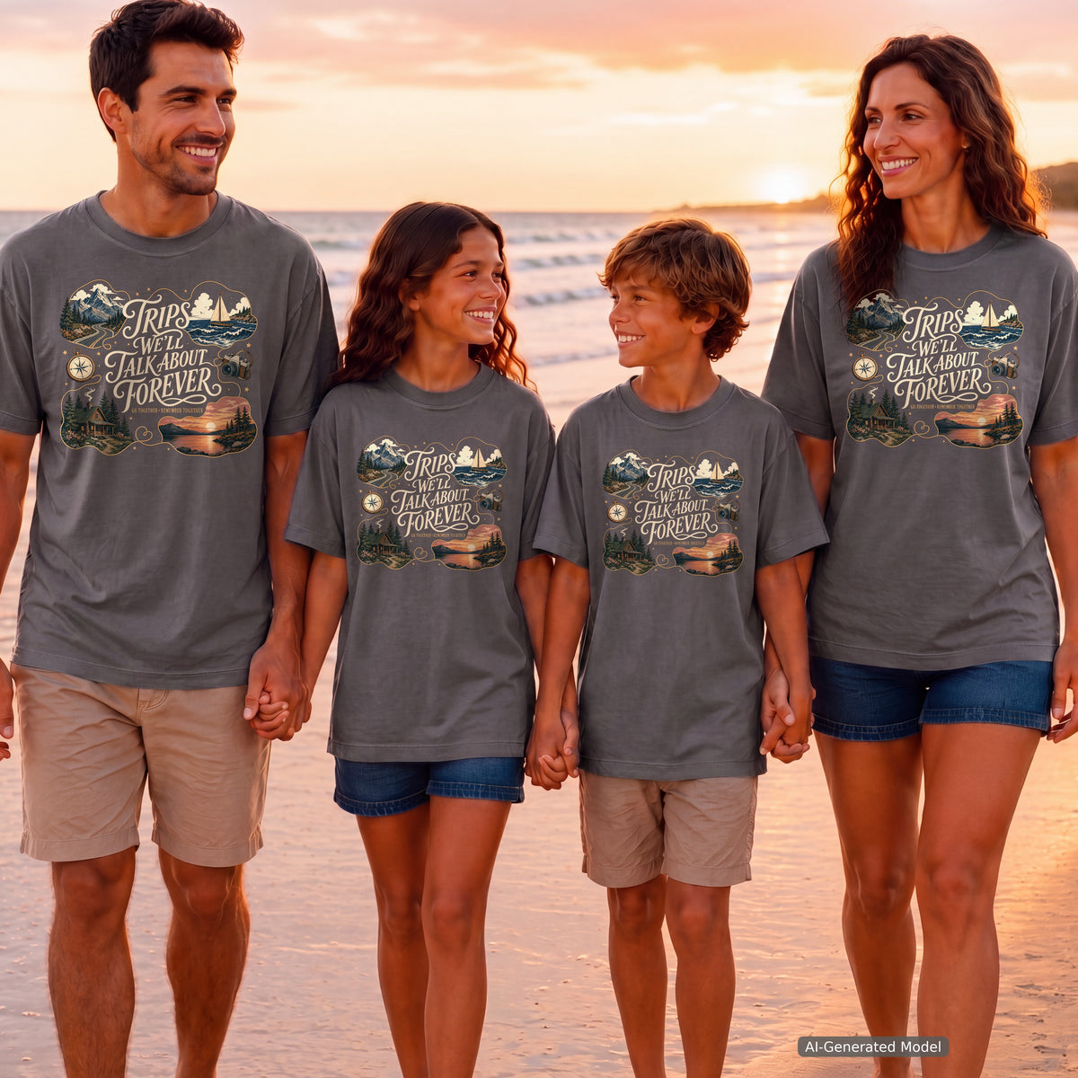 Trips We'll Talk About Forever Family Travel Shirt in Pepper – worn on a family trip (AI-generated model photo)