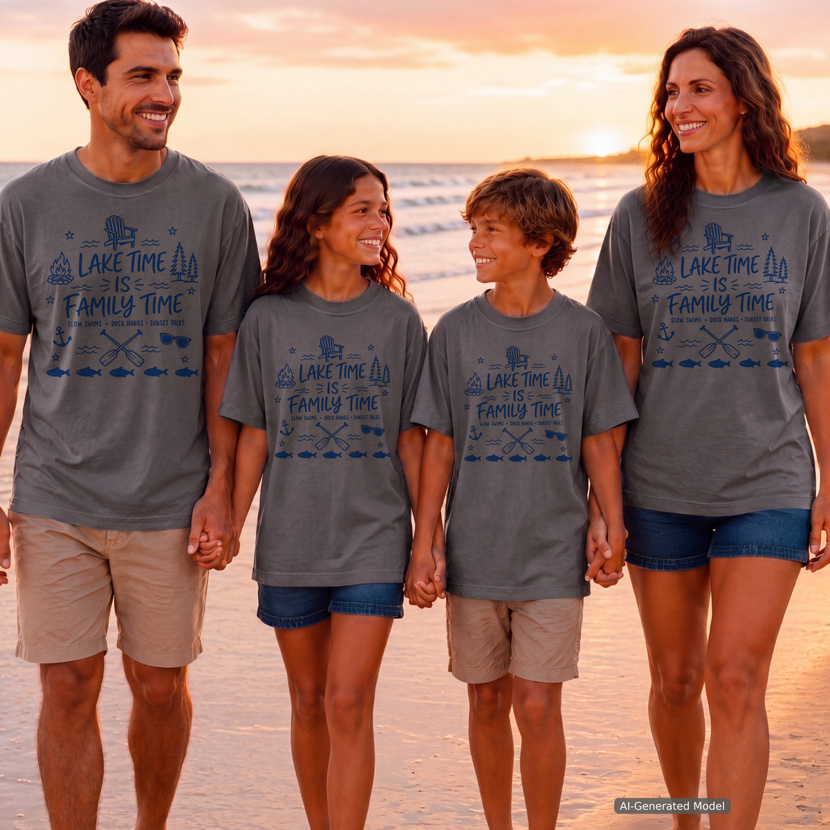 Lake Time Is Family Time Youth Tee – Kids' Comfort Colors Lake Vacation Shirt in Pepper – worn on a family trip (AI-generated model photo)