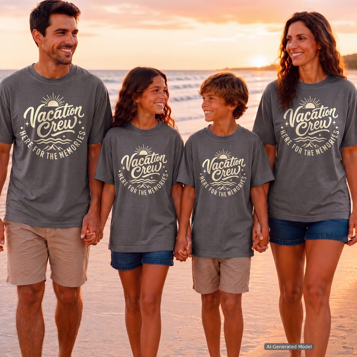 Vacation Crew Here for the Memories Shirt in Pepper – worn on a family trip (AI-generated model photo)