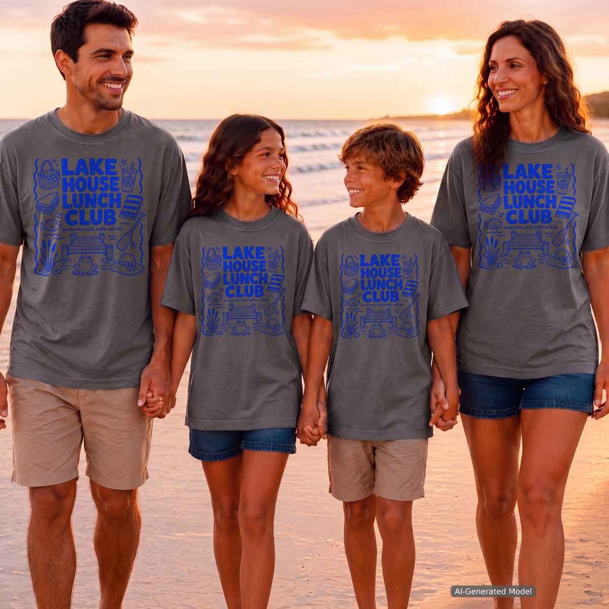Lake House Lunch Club Youth Tee – Kids' Comfort Colors Lake Vacation Shirt in Pepper – worn on a family trip (AI-generated model photo)