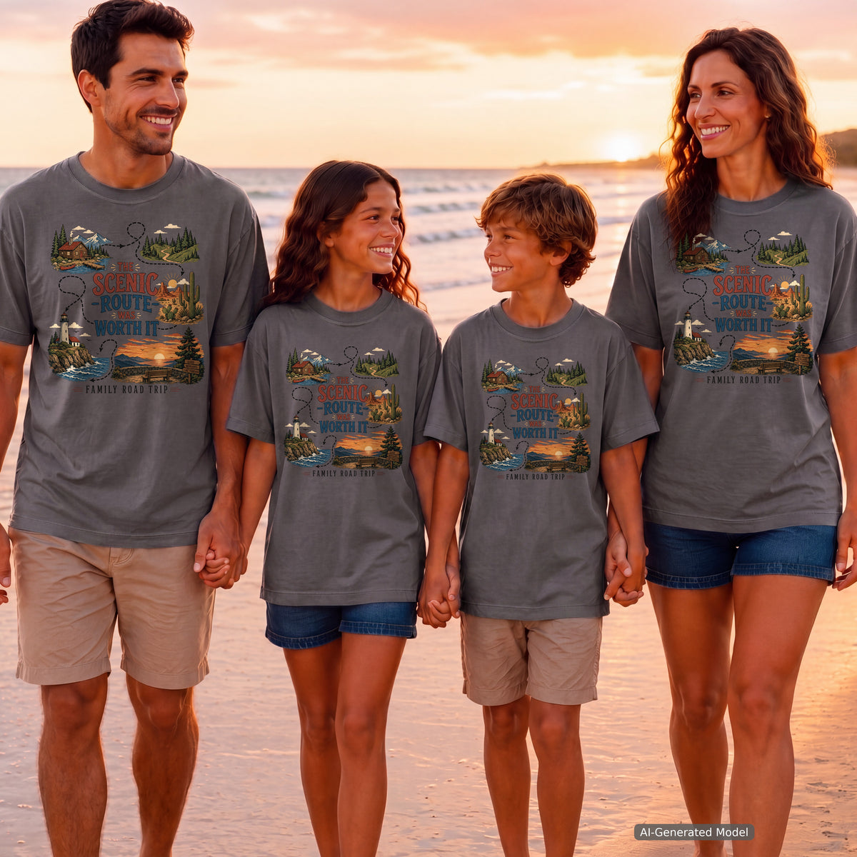 The Scenic Route Was Worth It Road Trip Shirt in Pepper – worn on a family trip (AI-generated model photo)