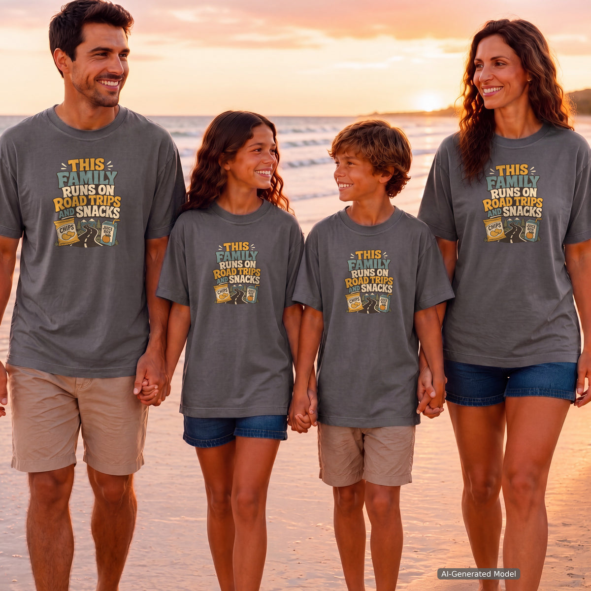 Road Trips and Snacks Youth Tee – Kids' Comfort Colors Family Travel Shirt in Pepper – worn on a family trip (AI-generated model photo)