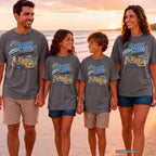 Vacay Mode Family Edition Youth Tee – Kids' Comfort Colors Family Travel Shirt in Pepper – worn on a family trip (AI-generated model photo)