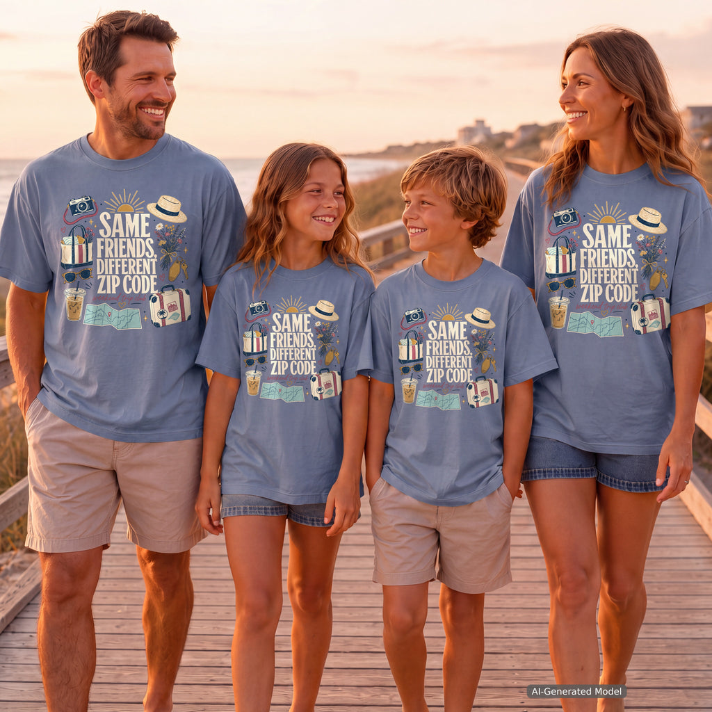 Same Friends Different Zip Code Girls Trip Shirt in Blue Jean – worn on a family trip (AI-generated model photo)