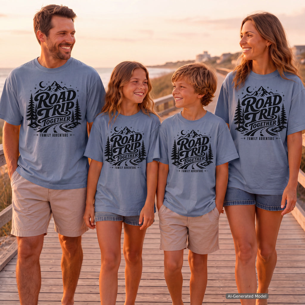 Road Trip Together Family Adventure Shirt in Blue Jean – worn on a family trip (AI-generated model photo)