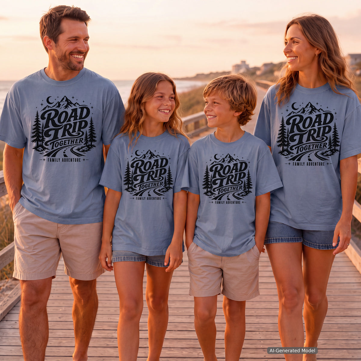 Road Trip Together Family Adventure Shirt in Blue Jean – worn on a family trip (AI-generated model photo)