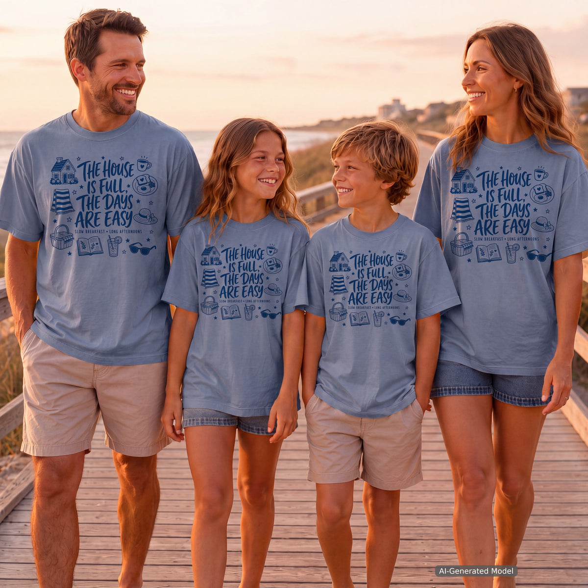 The House Is Full the Days Are Easy Youth Tee – Kids' Comfort Colors Family Getaway Shirt in Blue Jean – worn on a family trip (AI-generated model photo)