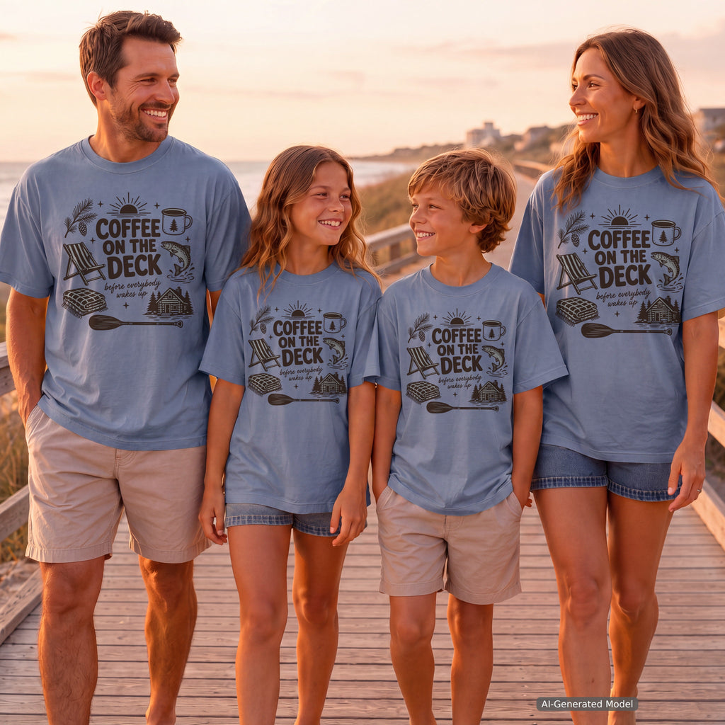 Coffee on the Deck Youth Tee – Kids' Comfort Colors Lake Vacation Shirt in Blue Jean – worn on a family trip (AI-generated model photo)