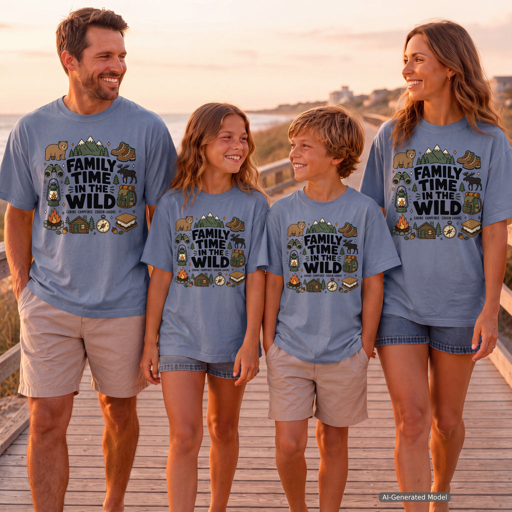 Family Time in the Wild Camping Shirt in Blue Jean – worn on a family trip (AI-generated model photo)