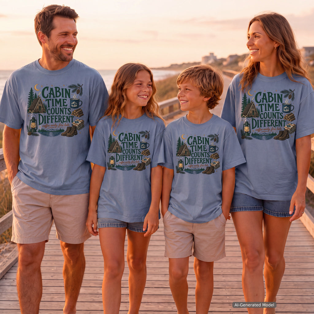 Cabin Time Counts Different Youth Tee – Kids' Comfort Colors Cabin Weekend Shirt in Blue Jean – worn on a family trip (AI-generated model photo)