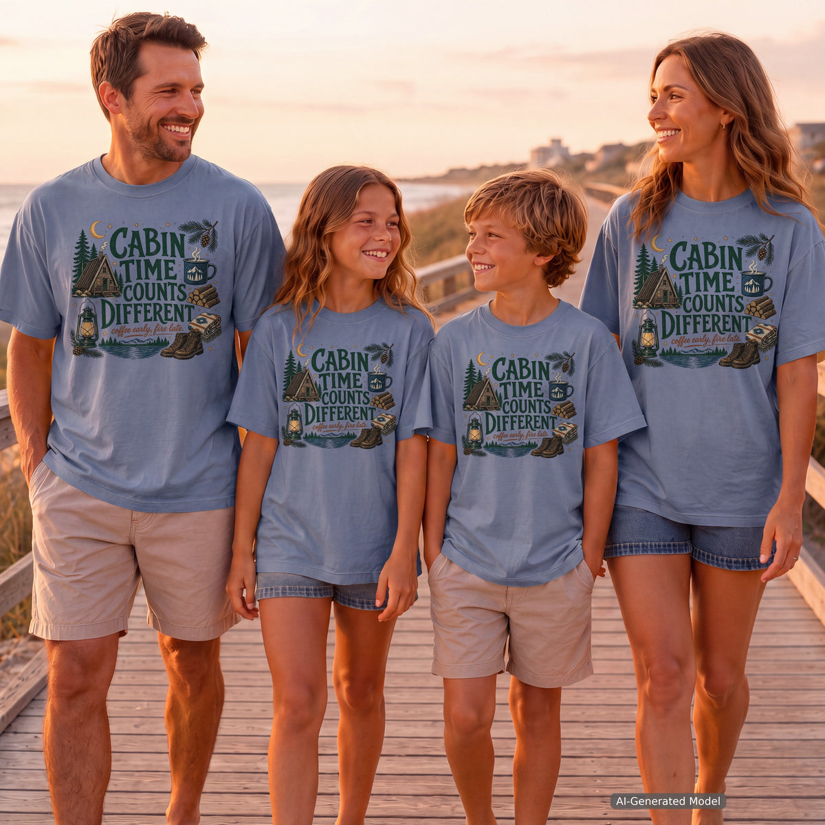 Cabin Time Counts Different Youth Tee – Kids' Comfort Colors Cabin Weekend Shirt in Blue Jean – worn on a family trip (AI-generated model photo)