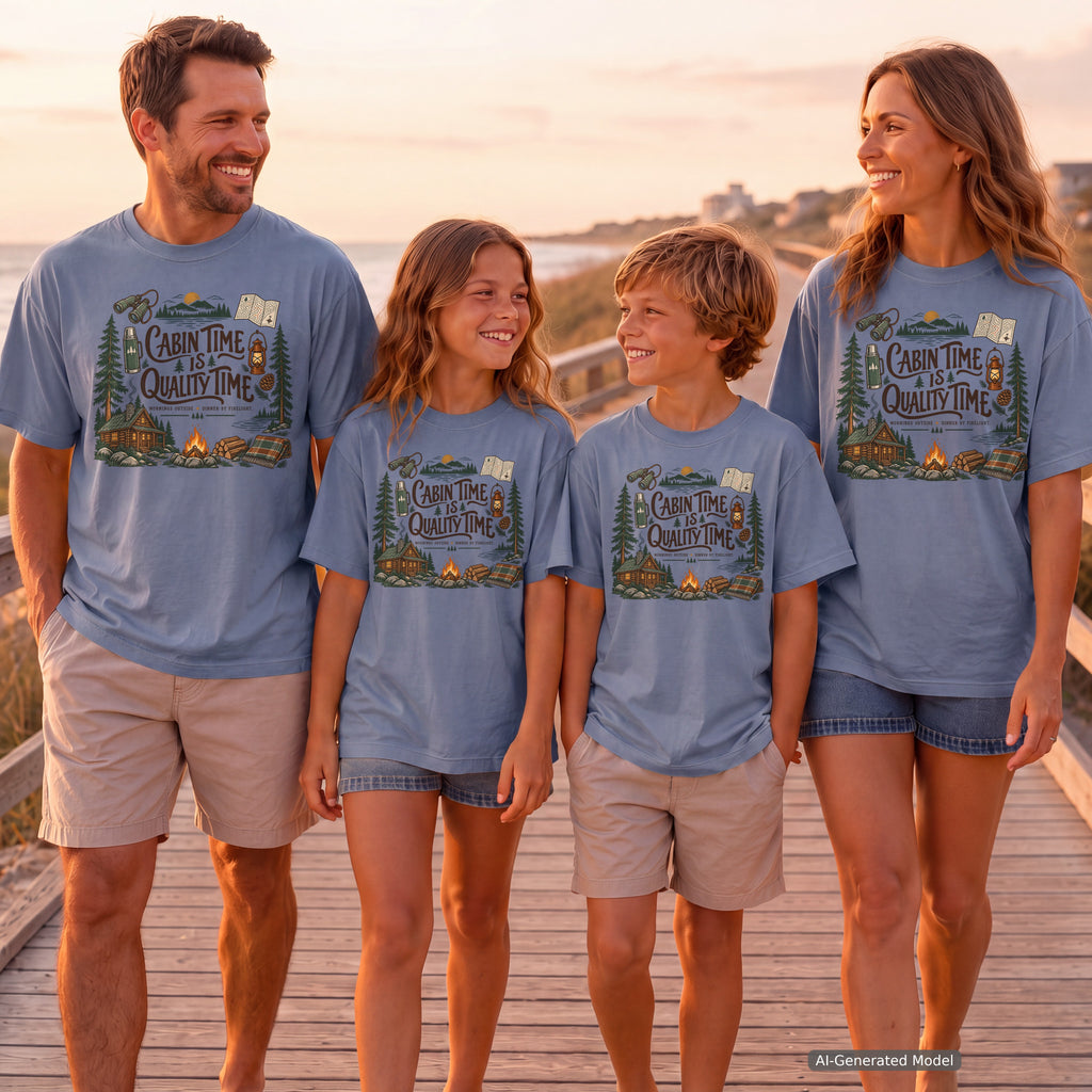 Cabin Time Is Quality Time Lake Vacation Shirt in Blue Jean – worn on a family trip (AI-generated model photo)