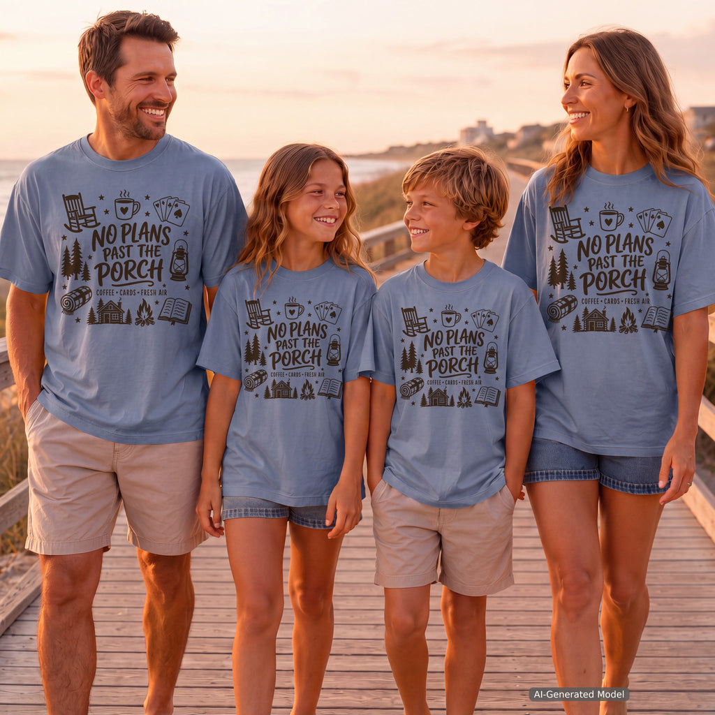 No Plans Past the Porch Youth Tee – Kids' Comfort Colors Cabin Weekend Shirt in Blue Jean – worn on a family trip (AI-generated model photo)