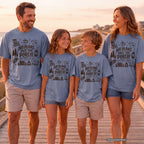 No Plans Past the Porch Youth Tee – Kids' Comfort Colors Cabin Weekend Shirt in Blue Jean – worn on a family trip (AI-generated model photo)