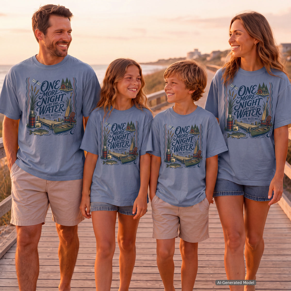 One More Night by the Water Lake Vacation Shirt in Blue Jean – worn on a family trip (AI-generated model photo)