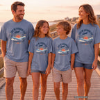 Save Me a Window Seat Youth Tee – Kids' Comfort Colors Family Travel Shirt in Blue Jean – worn on a family trip (AI-generated model photo)