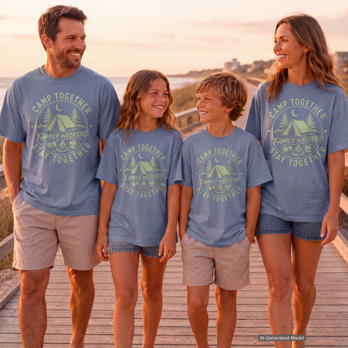 Camp Together Stay Together Family Weekend Shirt in Blue Jean – worn on a family trip (AI-generated model photo)