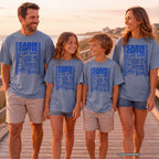 Cabin Coffee and Lake Swims Lake Vacation Shirt in Blue Jean – worn on a family trip (AI-generated model photo)