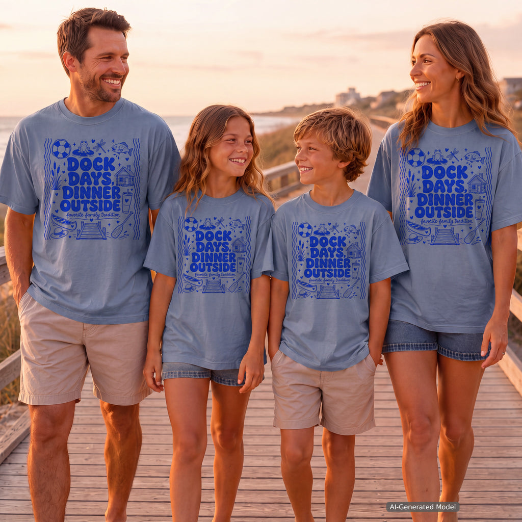 Dock Days Dinner Outside Lake Vacation Shirt in Blue Jean – worn on a family trip (AI-generated model photo)