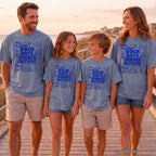 Dock Days Dinner Outside Lake Vacation Shirt in Blue Jean – worn on a family trip (AI-generated model photo)