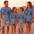 Slow Mornings Full Days Youth Tee – Kids' Comfort Colors Lake Vacation Shirt in Blue Jean – worn on a family trip (AI-generated model photo)