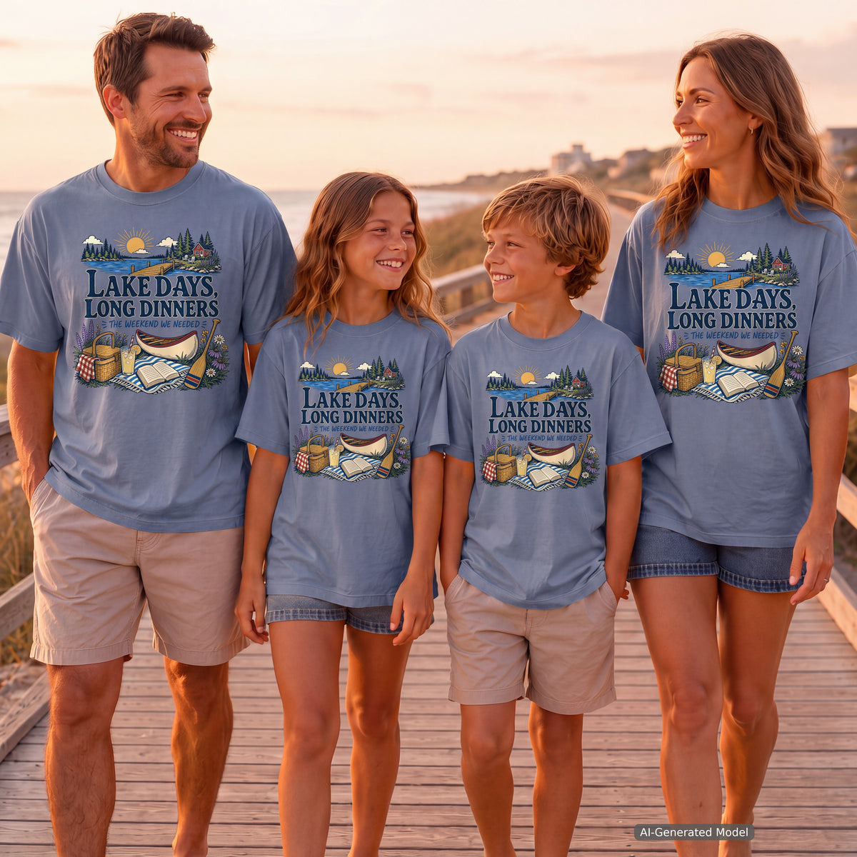 Lake Days Long Dinners Lake Vacation Shirt in Blue Jean – worn on a family trip (AI-generated model photo)