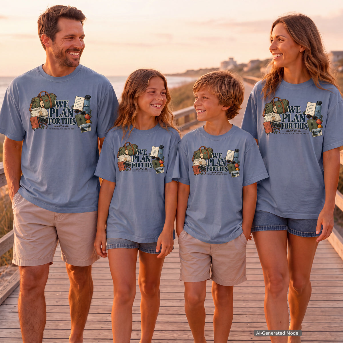 We Plan for This Family Getaway Shirt in Blue Jean – worn on a family trip (AI-generated model photo)