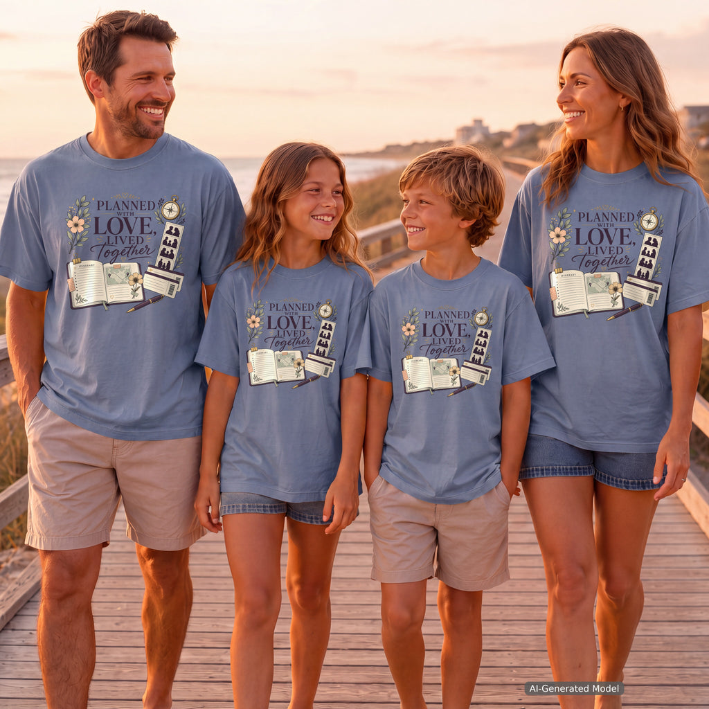 Planned With Love Lived Together Youth Tee – Kids' Comfort Colors Family Travel Shirt in Blue Jean – worn on a family trip (AI-generated model photo)