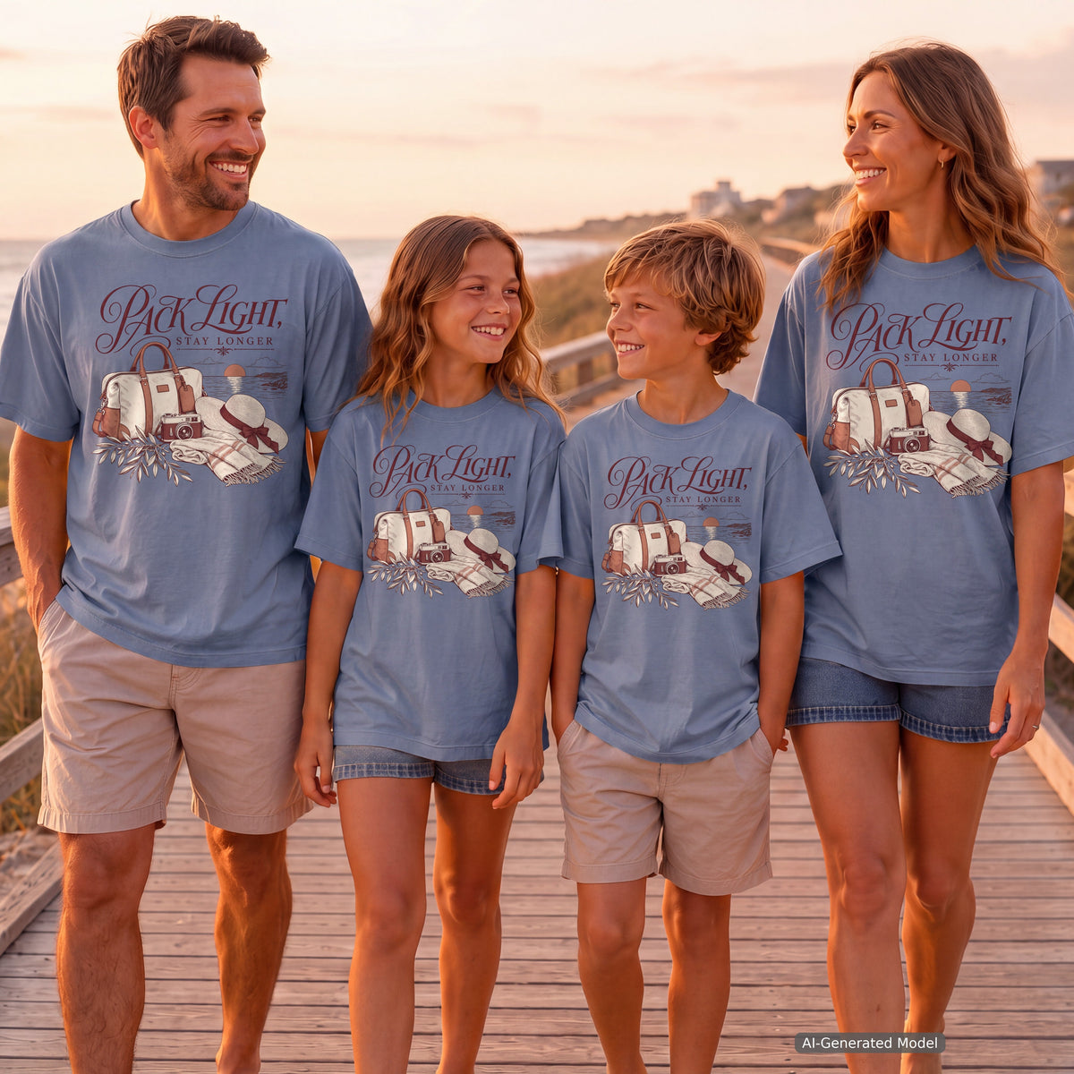 Pack Light Stay Longer Youth Tee – Kids' Comfort Colors Family Travel Shirt in Blue Jean – worn on a family trip (AI-generated model photo)
