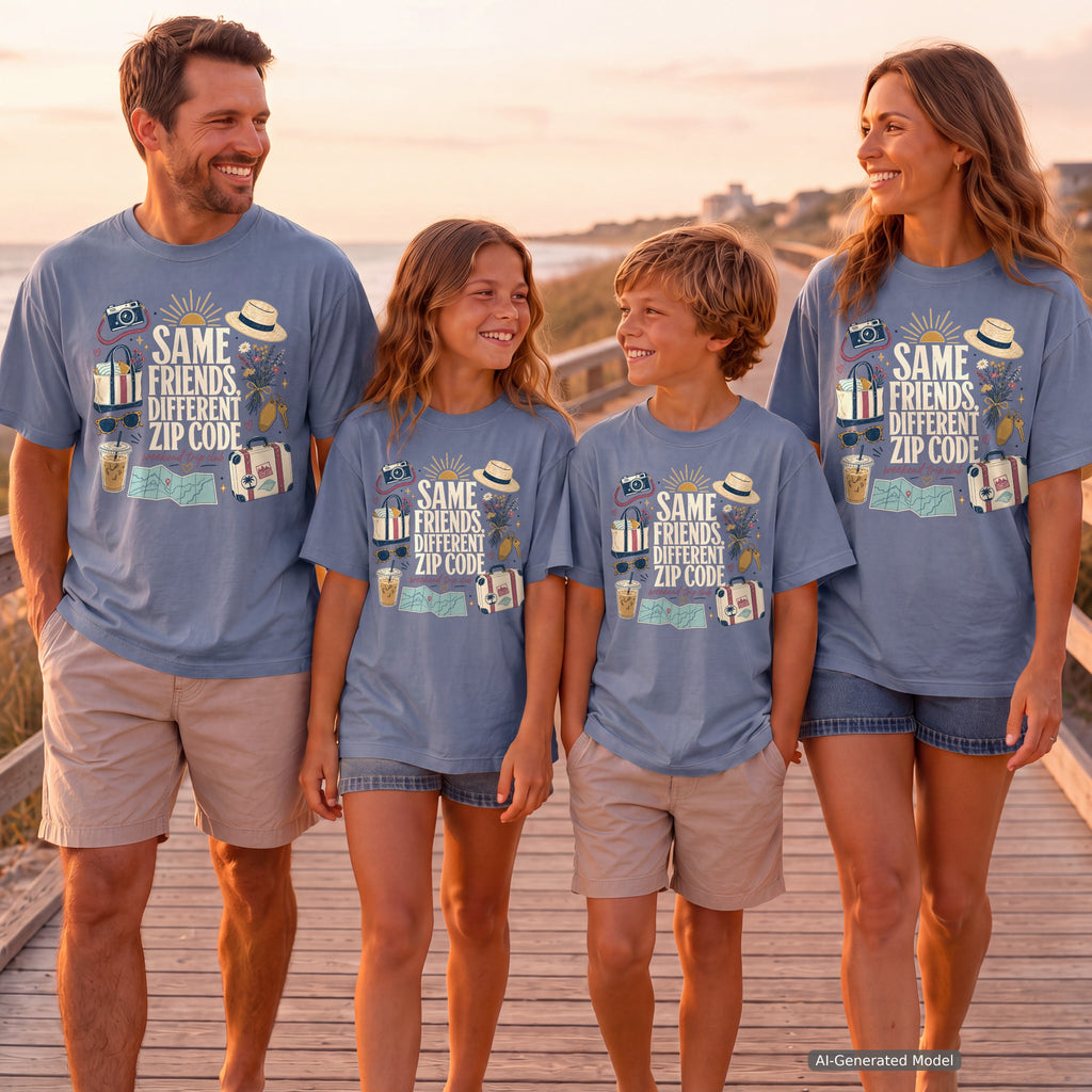 Same Friends Different Zip Code Youth Tee – Kids' Comfort Colors Family Travel Shirt in Blue Jean – worn on a family trip (AI-generated model photo)