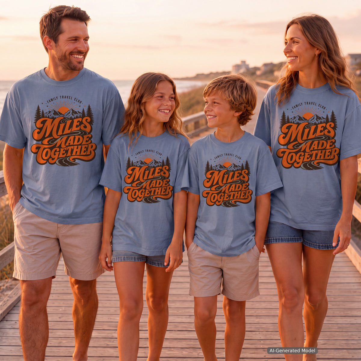 Miles Made Together Youth Tee – Kids' Comfort Colors Road Trip Shirt in Blue Jean – worn on a family trip (AI-generated model photo)