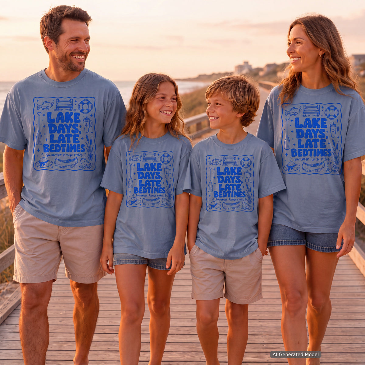 Lake Days Late Bedtimes Youth Tee – Kids' Comfort Colors Lake Vacation Shirt in Blue Jean – worn on a family trip (AI-generated model photo)