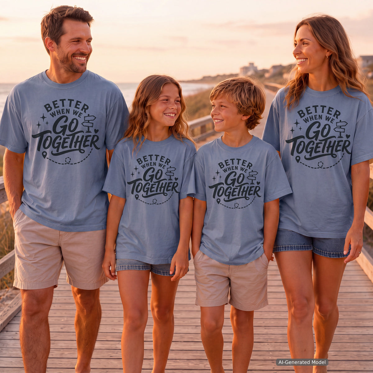 Better When We Go Together Travel Youth Tee – Kids' Comfort Colors Road Trip Shirt in Blue Jean – worn on a family trip (AI-generated model photo)