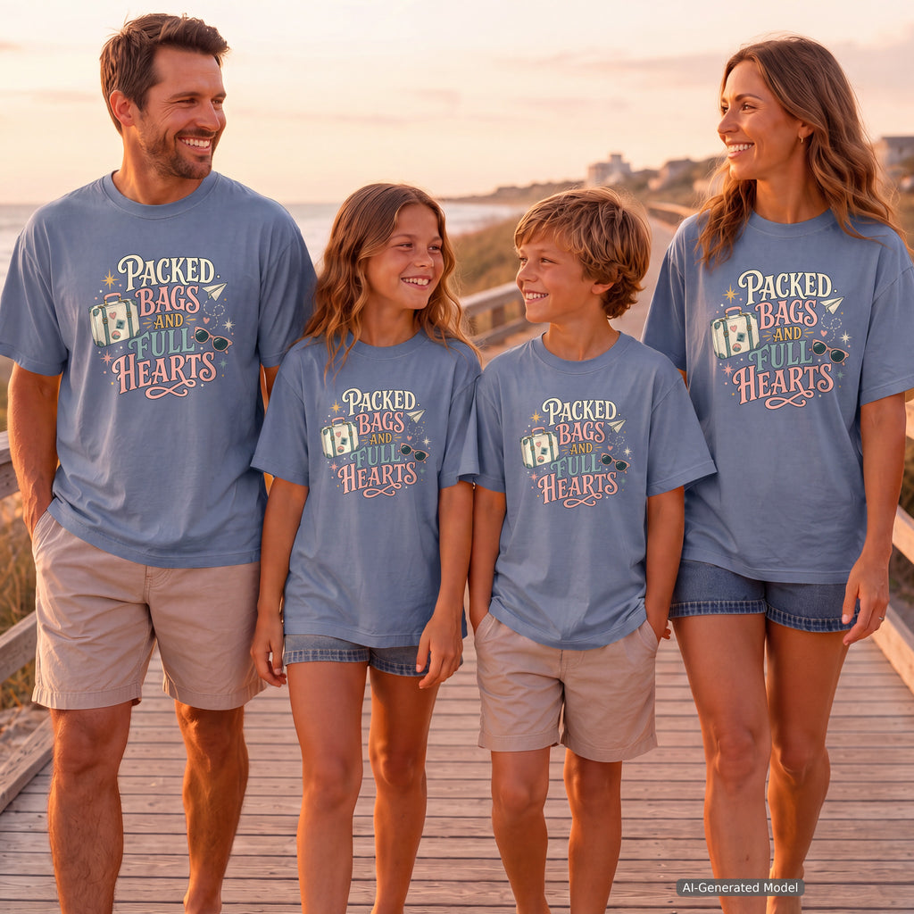 Packed Bags and Full Hearts Youth Tee – Kids' Comfort Colors Vacation Shirt in Blue Jean – worn on a family trip (AI-generated model photo)