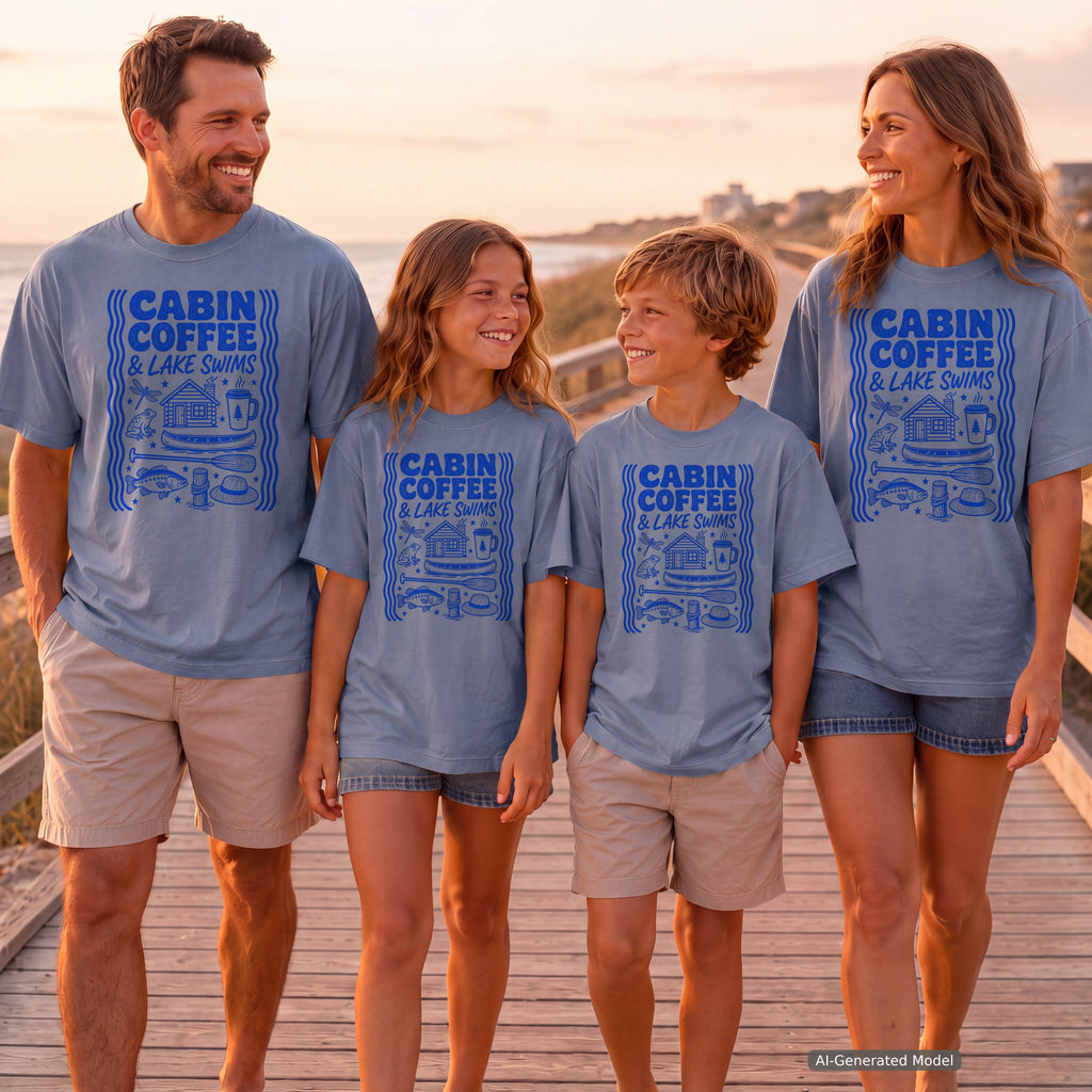 Cabin Coffee and Lake Swims Youth Tee – Kids' Comfort Colors Lake Vacation Shirt in Blue Jean – worn on a family trip (AI-generated model photo)