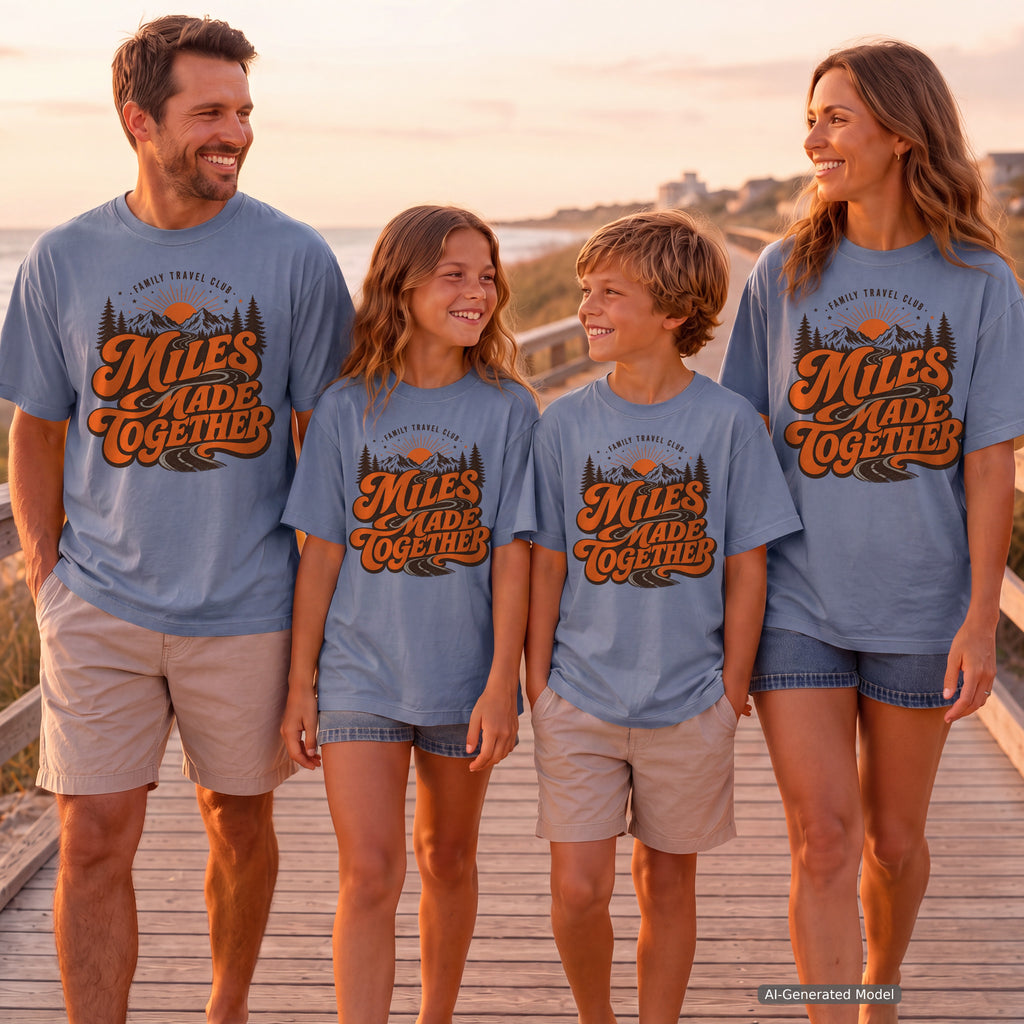 Miles Made Together Road Trip Shirt in Blue Jean – worn on a family trip (AI-generated model photo)