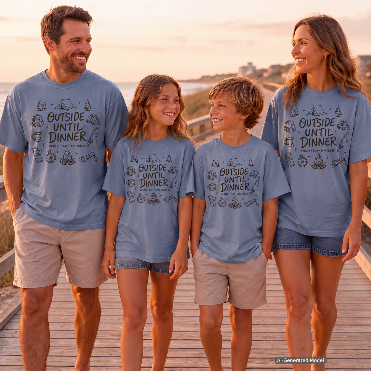 Outside Until Dinner Camping Shirt in Blue Jean – worn on a family trip (AI-generated model photo)
