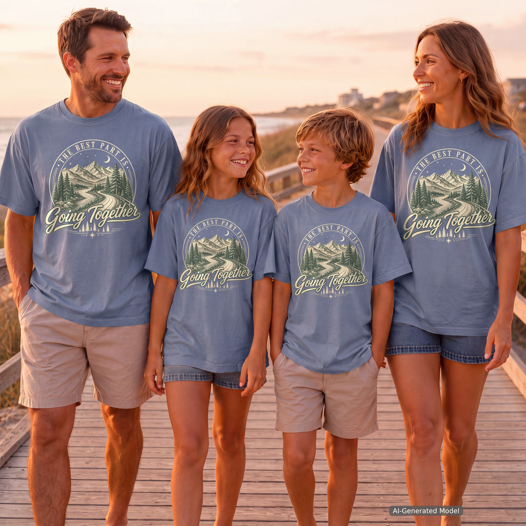 The Best Part Is Going Together Road Trip Shirt in Blue Jean – worn on a family trip (AI-generated model photo)