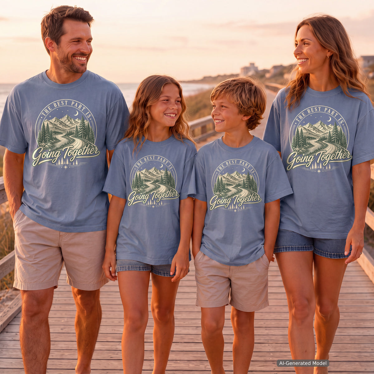 The Best Part Is Going Together Road Trip Shirt in Blue Jean – worn on a family trip (AI-generated model photo)