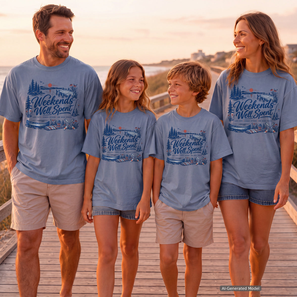 Weekends Well Spent Youth Tee – Kids' Comfort Colors Lake Vacation Shirt in Blue Jean – worn on a family trip (AI-generated model photo)