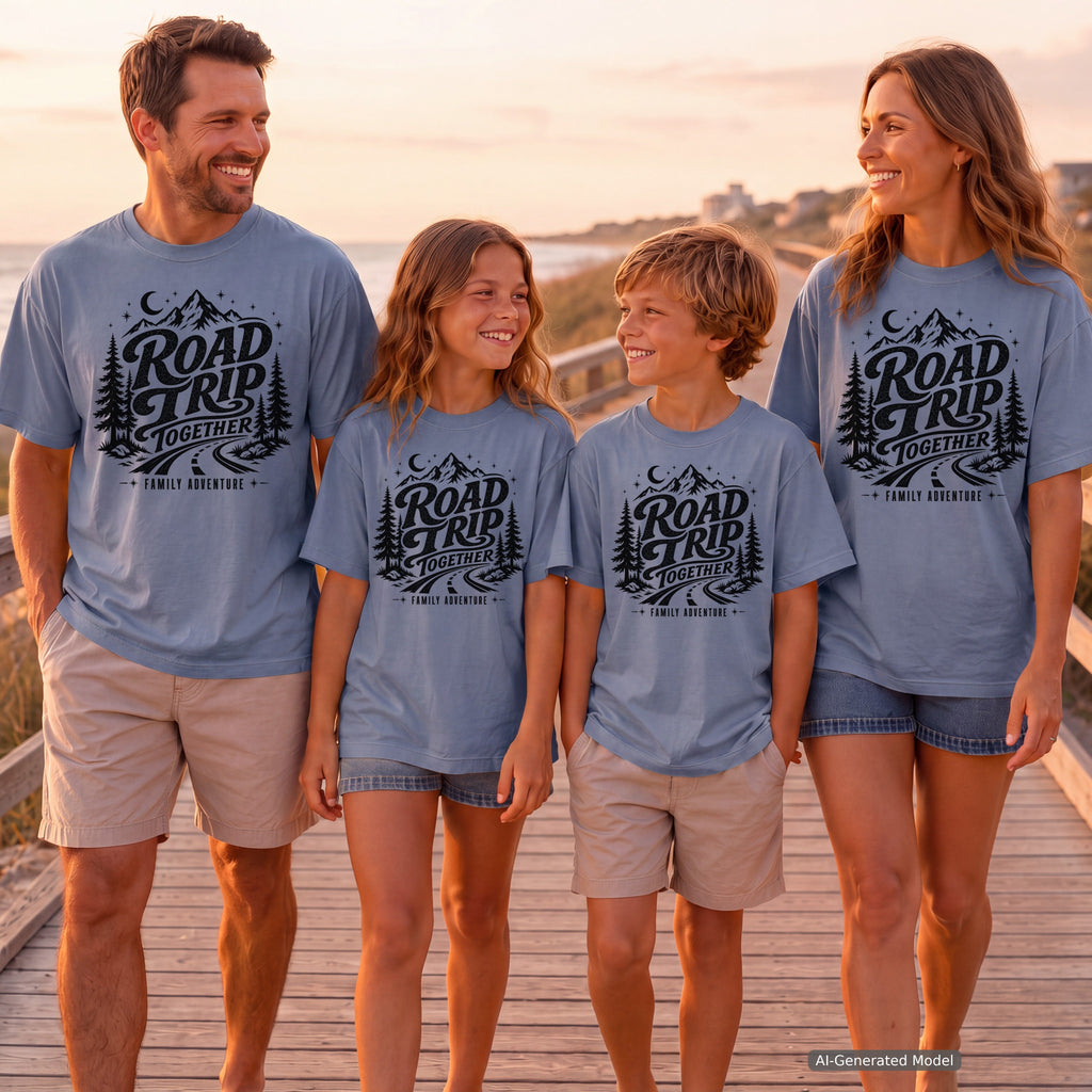 Road Trip Together Family Adventure Youth Tee – Kids' Comfort Colors Road Trip Shirt in Blue Jean – worn on a family trip (AI-generated model photo)