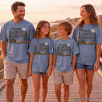 Cabin Time Is Quality Time Youth Tee – Kids' Comfort Colors Lake Vacation Shirt in Blue Jean – worn on a family trip (AI-generated model photo)