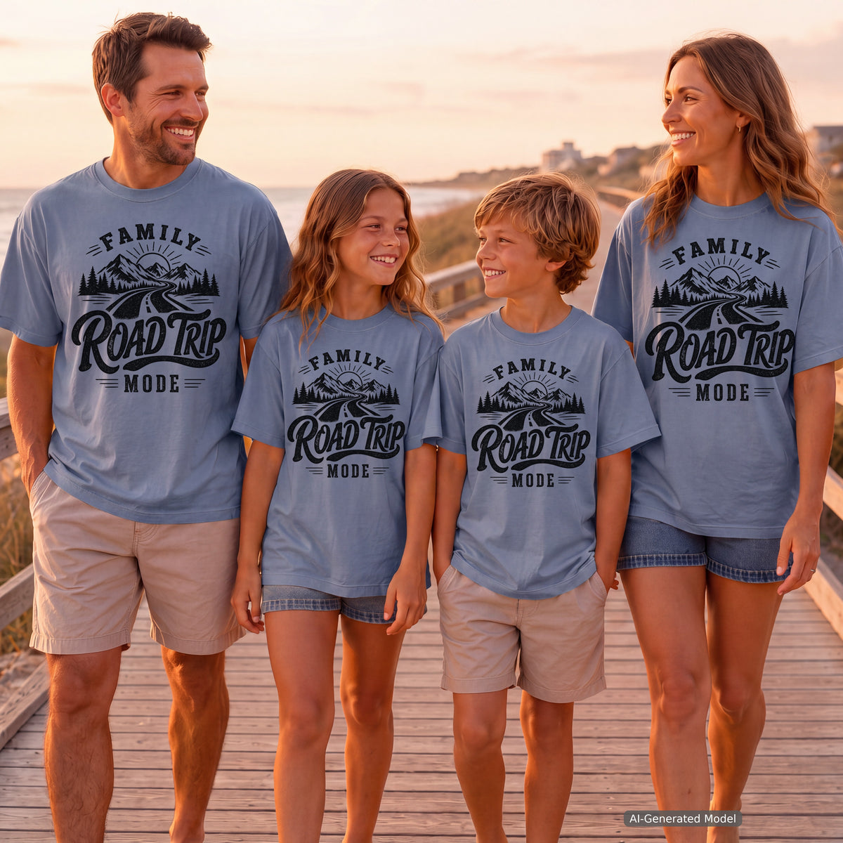 Family Road Trip Mode Shirt in Blue Jean – worn on a family trip (AI-generated model photo)