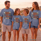 Trail Snacks and Tall Tales Mountain Adventure Shirt in Blue Jean – worn on a family trip (AI-generated model photo)