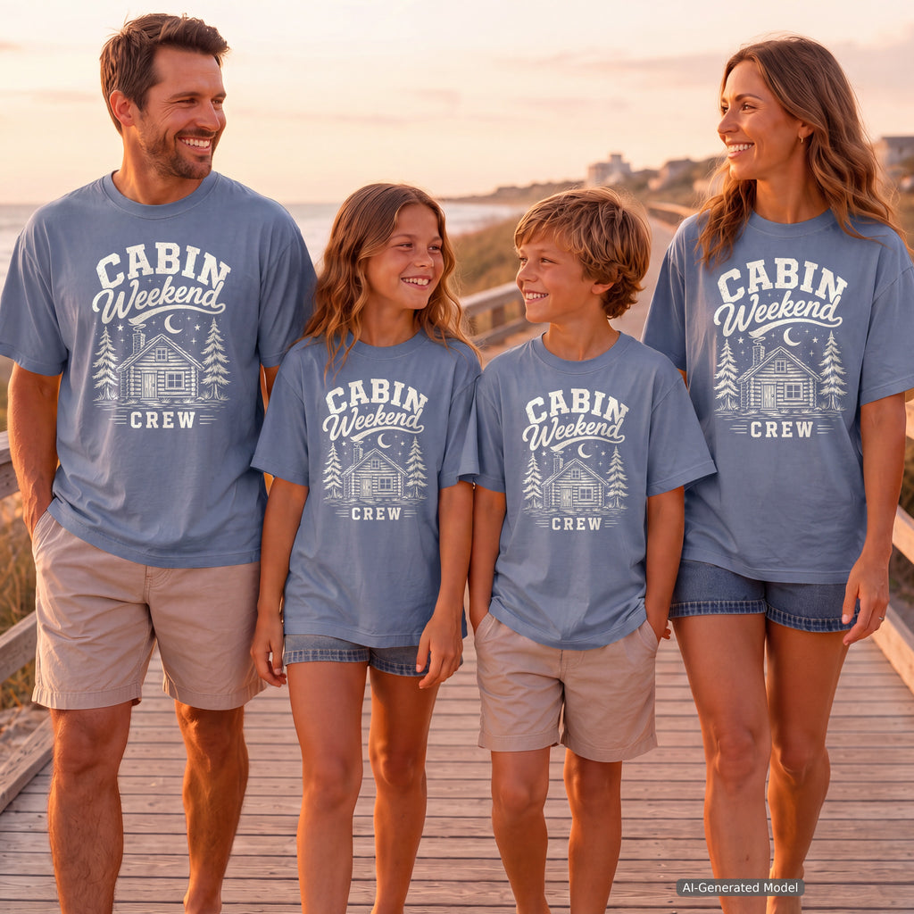 Cabin Weekend Crew Vintage Shirt in Blue Jean – worn on a family trip (AI-generated model photo)