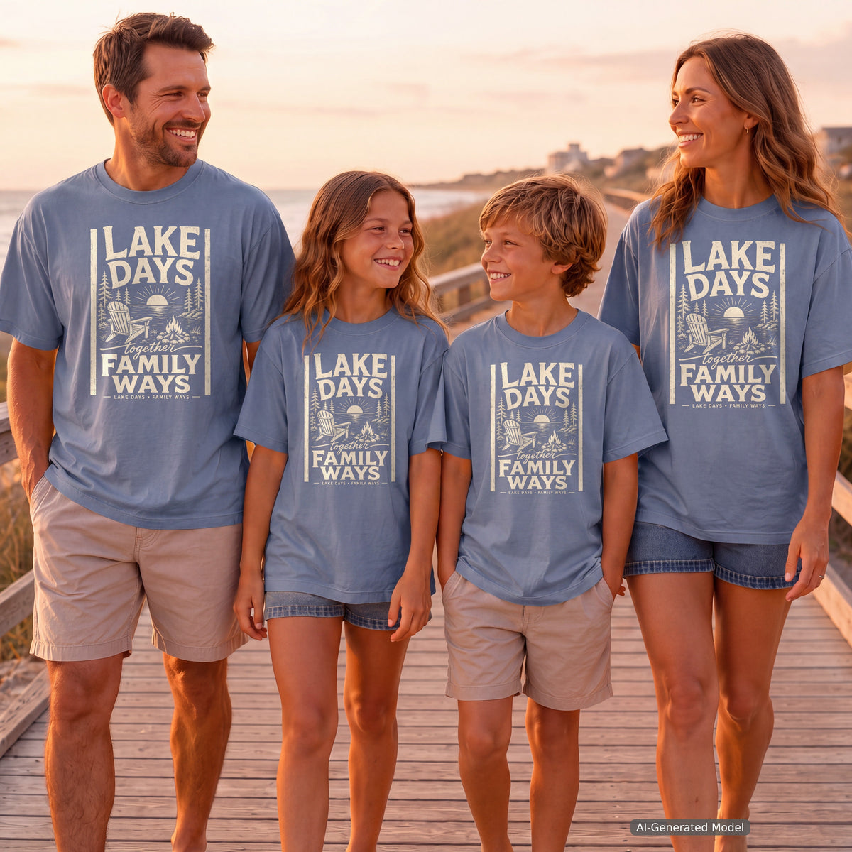 Lake Days Family Ways Vacation Youth Tee – Kids' Comfort Colors Lake Vacation Shirt in Blue Jean – worn on a family trip (AI-generated model photo)