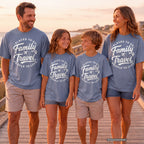 Family Travel Places to Go People to Love Shirt in Blue Jean – worn on a family trip (AI-generated model photo)