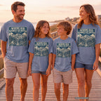 Where Our Stories Get Better Mountain Adventure Shirt in Blue Jean – worn on a family trip (AI-generated model photo)