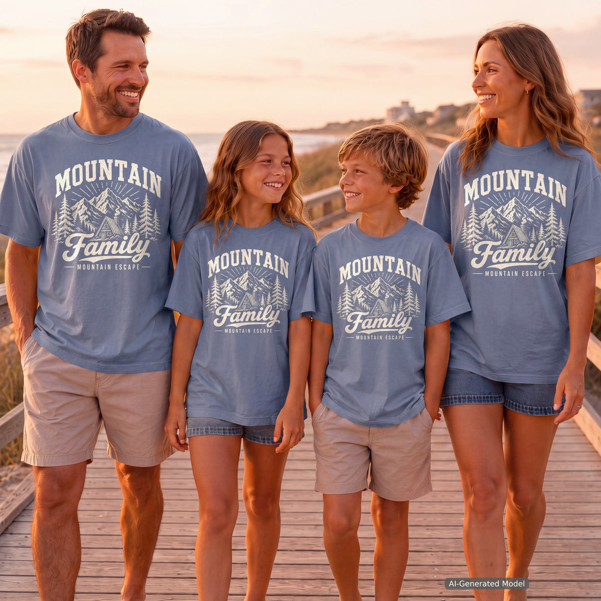 Family Mountain Escape Youth Tee – Kids' Comfort Colors Cabin Weekend Shirt in Blue Jean – worn on a family trip (AI-generated model photo)