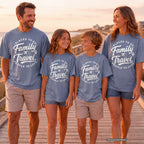 Family Travel Places to Go People to Love Youth Tee – Kids' Comfort Colors Family Travel Shirt in Blue Jean – worn on a family trip (AI-generated model photo)